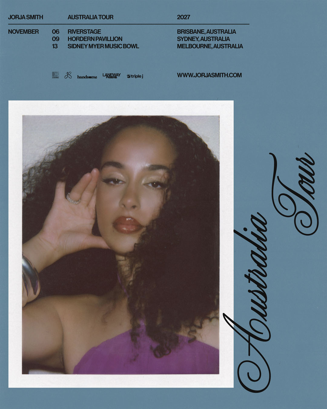 Jorja Smith Australia Tour 2027 poster featuring portrait of the singer alongside concert dates for Brisbane, Sydney, and Melbourne.